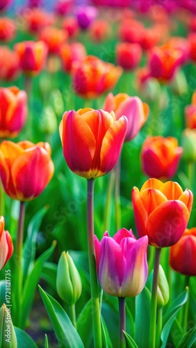 Vibrant tulips sway gently in a sea of green as spring awakens in this lush field