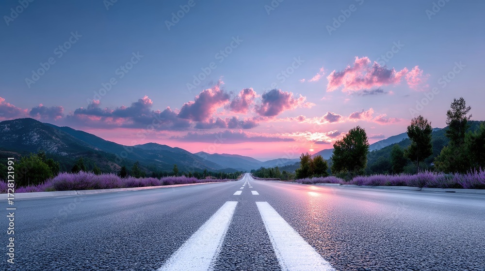 Fototapeta premium Sunset on Empty Asphalt Highway with Golden Light Reflection, Pink Clouds, Mountain Backdrop and Purple Flowers Along Roadside in Rural Landscape Scenery