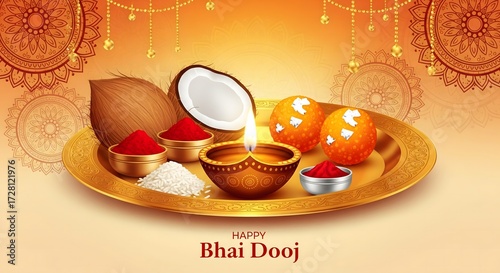 Happy Bhai Dooj Festival Thali with Sweets, Tilak, Rice and Coconut