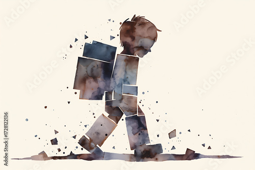 A weary child carrying a heavy load of books on their back, symbolizing exam fear, stress, and the burden of childhood without play, painted in a poignant and emotional watercolor style. AI-generated