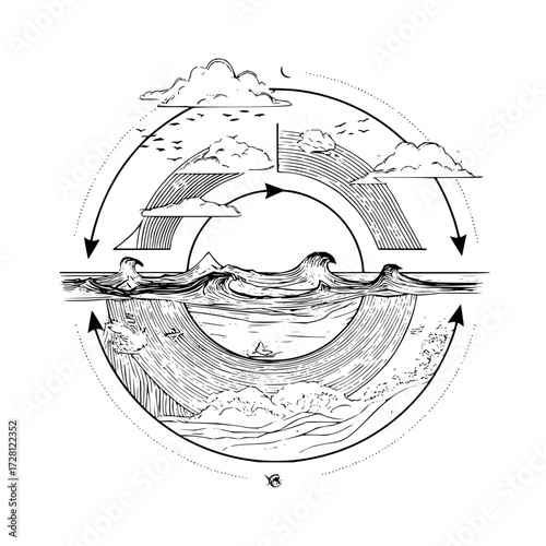 Water cycle diagram illustration showing evaporation condensation precipitation collection for education and learning