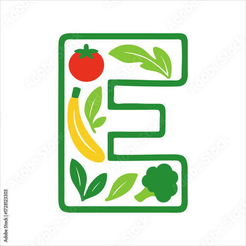 letter E made of fruits and vegetables icon flat design
