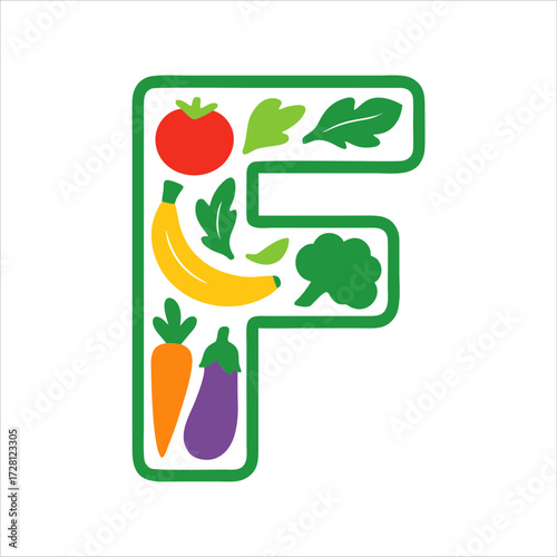 letter F made of fruits and vegetables icon flat design