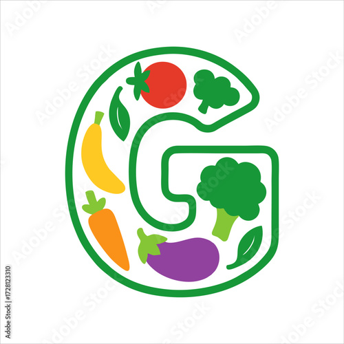 letter G made of fruits and vegetables icon flat design