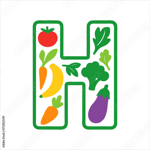 letter H made of fruits and vegetables icon flat design