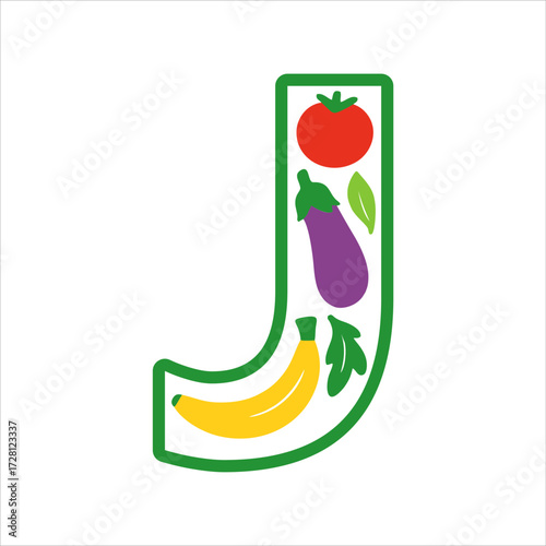 letter J made of fruits and vegetables icon flat design