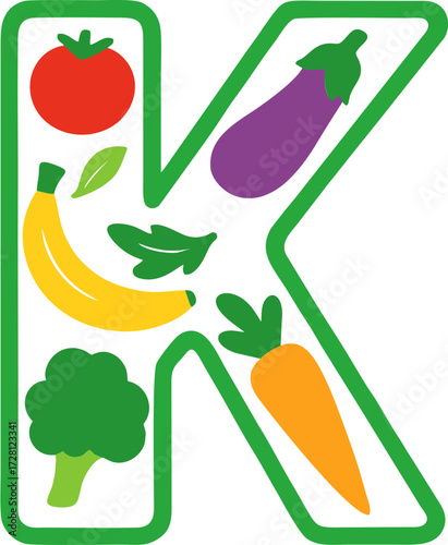 letter K made of fruits and vegetables icon flat design