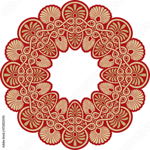 Vector gold with red classic Greek round ornament. Circle of Ancient Greece and the Roman Empire. Byzantine painting of walls, floors and ceilings. Decoration of European palaces.