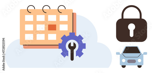 Calendar with gear on a cloud, lock for security, and car for automotive theme. Ideal for scheduling, data security, automotive services, cloud computing, system optimization, reliability simple