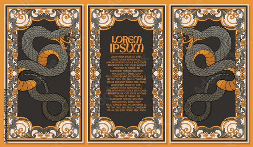 Vintage medieval floral pattern background with green yellow snake illustration for decoration design