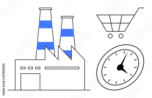 Factory with smokestacks, a clock symbolizing time, and a shopping cart highlighting commerce. Ideal for manufacturing, productivity, time management, retail, efficiency, logistics and industrial