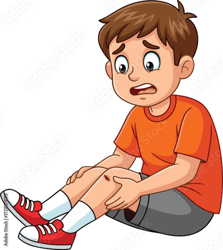 Cartoon boy sitting on ground holding injured knee, scraped leg wound, pain expression, accident illustration for first aid health and safety education