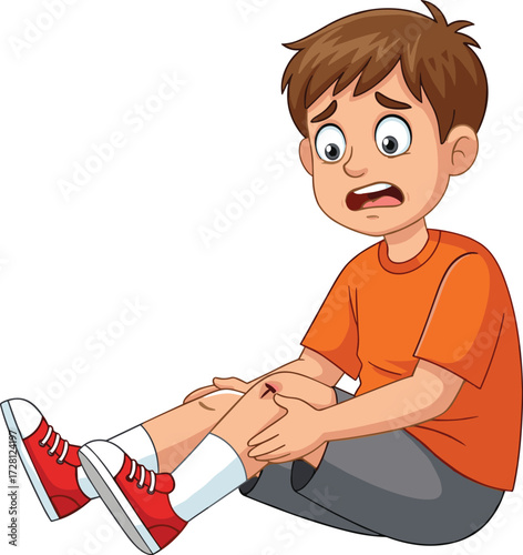Cartoon boy sitting on ground with scraped knee, injured child holding leg, pain expression, accident illustration for safety education design