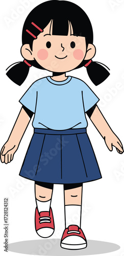 Cute cartoon girl walking, smiling child character, happy student illustration, adorable kids fashion design, vector schoolgirl clipart, educational children artwork, isolated graphic