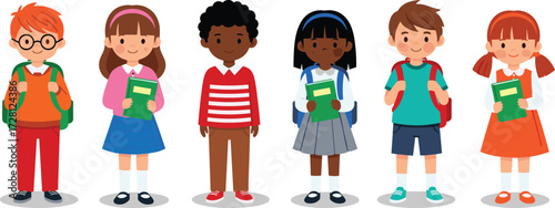 Group of diverse school children standing with backpacks and books, happy students ready for classroom learning, cartoon vector illustration for education
