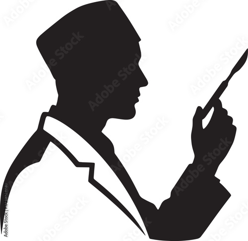 Silhouette of a man in a suit and kufi hat pointing with a pen, suggesting instruction or leadership.