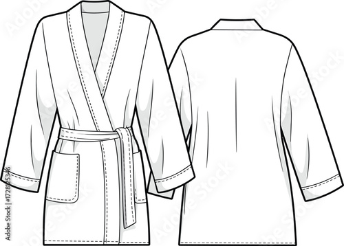 Bathrobe fashion flat sketch, kimono style robe illustration, clothing design template with belt and pockets, vector garment outline drawing
