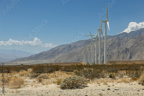 Windmills strewn across the desert