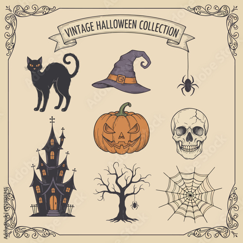 Vintage Halloween collection featuring a black cat, witch hat, jack-o'-lantern, spooky haunted house, bare tree with spider, spiderweb, and skull.