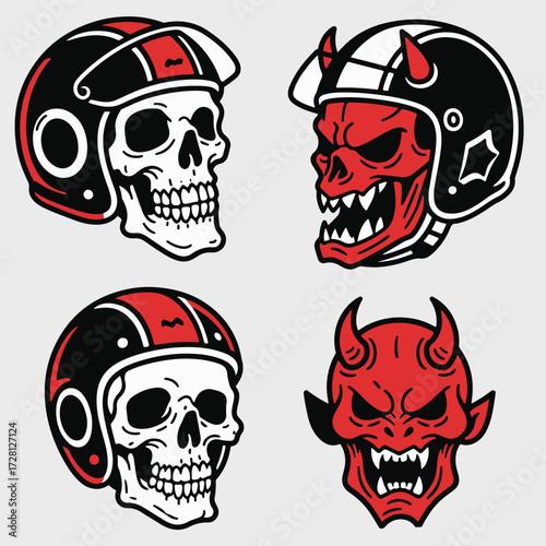Old School Tattoo Style Biker Skull and Devil Head Vector Set