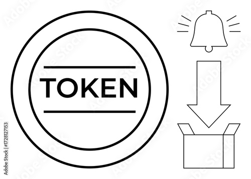 Circular token with TOKEN text, alert bell, downward arrow pointing to open box. Ideal for rewards, notifications, redemption, delivery, updates, digital currency simple flat metaphor