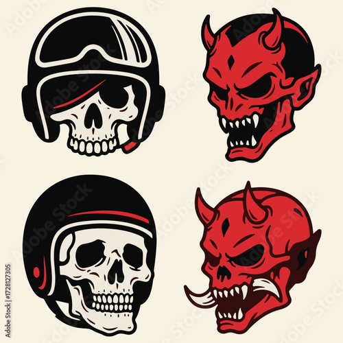 Old School Tattoo Style Biker Skull and Devil Head Vector Set