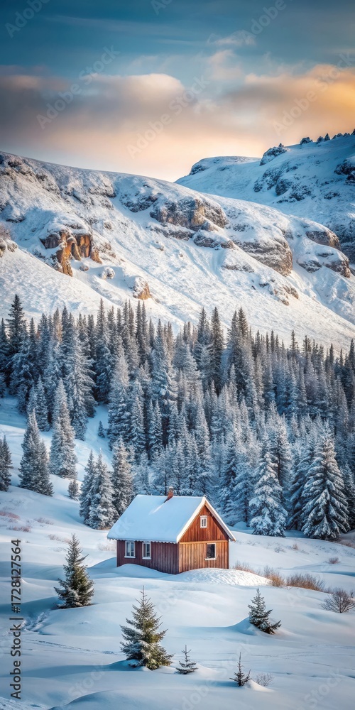 Fototapeta premium Remote cabin nestled among snow-covered trees in a vast Icelandic wilderness area