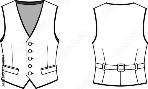 Classic men’s waistcoat vector illustration, formal vest front and back view, fashion flat sketch design, apparel template, stylish garment pattern