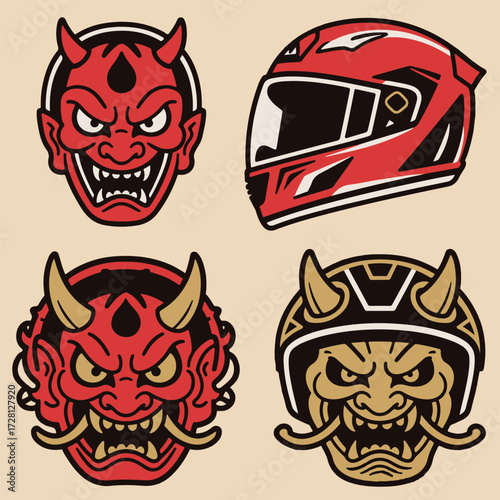 Highly Detailed Japanese Oni Mask Biker Character and Head Vector Set