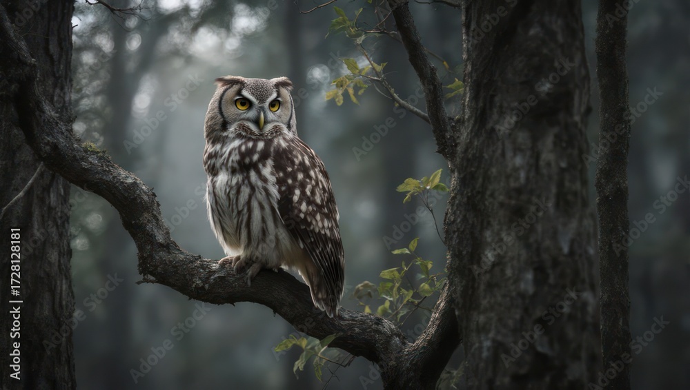 Obraz premium Owl perched in misty forest
