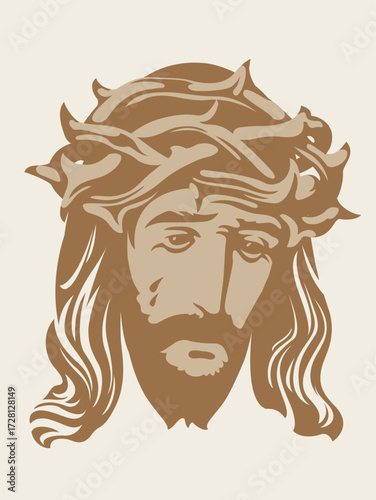 Easter banner or greeting card with portrait of crying Jesus Christ wearing crown of thorns on light background. Vector illustration on religious theme with Son of God. No ai