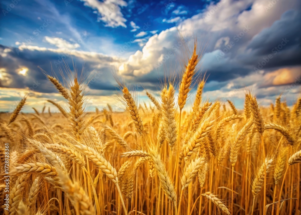 Fototapeta premium Golden Wheat Stalks in a Field Under a Cloudy Sky