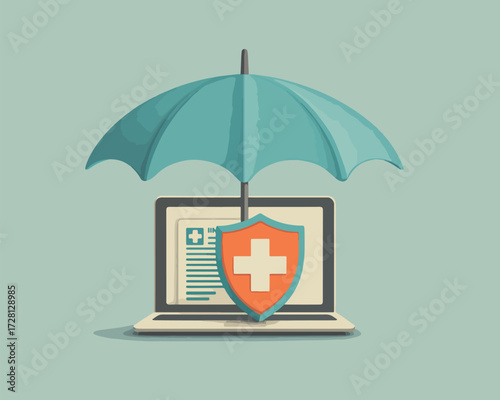 노트북 화면의 의료 기록과 방패, 우산으로 표현된 건강 보험 벡터 일러스트레이션으로 의료 안전의 중요성을 강조합니다.
