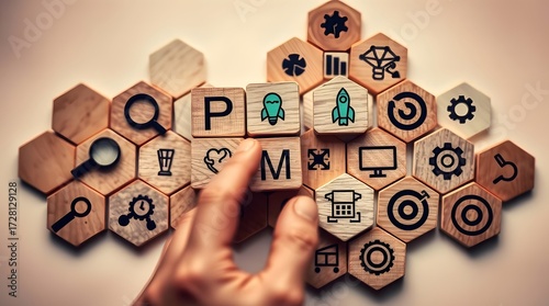 Flat lay honeycomb wooden blocks with business strategy icons and hand placing green lightbulb