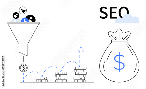 Funnel processing users into coins, stacked coin growth, and money bag symbolizing revenue. Ideal for marketing, SEO, sales, profit, strategy business growth and analytics. Simple flat metaphor