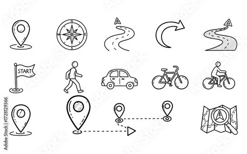 Illustration of navigation and travel icons including compass map location pin car bicycle and pedestrian