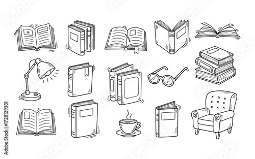 Illustration of books, lamp, glasses, chair, and a cup of coffee in a hand drawn sketch style design