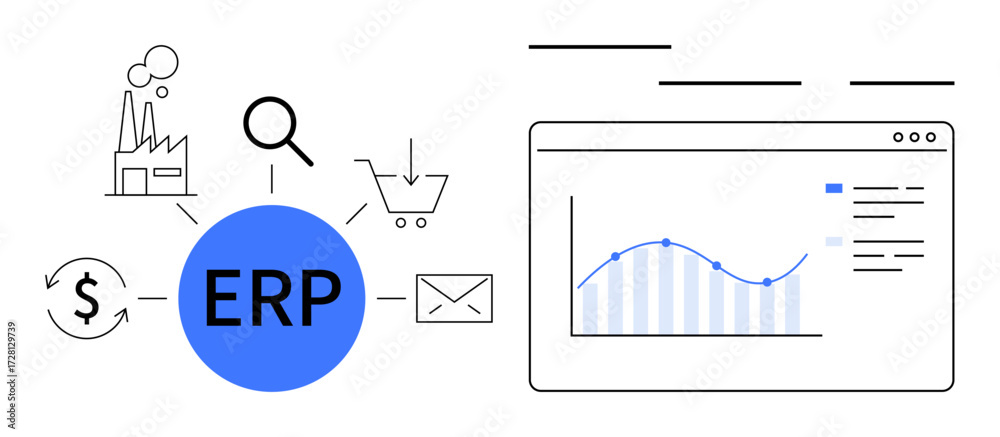 Fototapeta premium Blueprint of ERP system showing integration with supply chain, finance, email, e-commerce, and analytics. Ideal for business management, process optimization, data analysis, digital solutions