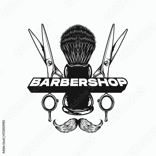 Vintage barbershop logo design featuring shaving brush, scissors and mustache illustration for a classic grooming business or product branding