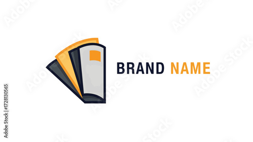 A stylized logo featuring a stack of open books or pages fanning out, with the text "BRAND NAME" alongside, representing knowledge, learning, or publishing.