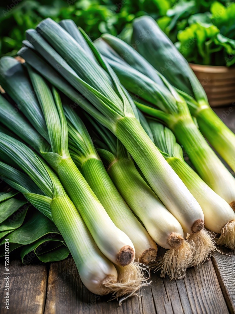 Obraz premium Close-up of raw green organic leeks ready to chop