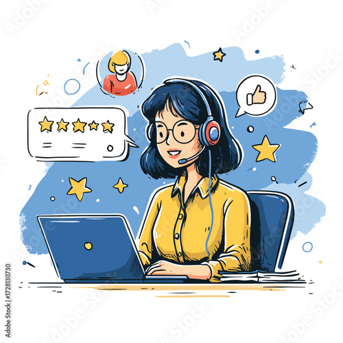 고객 지원 담당자가 노트북을 사용하여 고객 피드백을 관리하고 온라인으로 긍정적인 고객 경험을 제공하는 벡터 일러스트레이션입니다.
