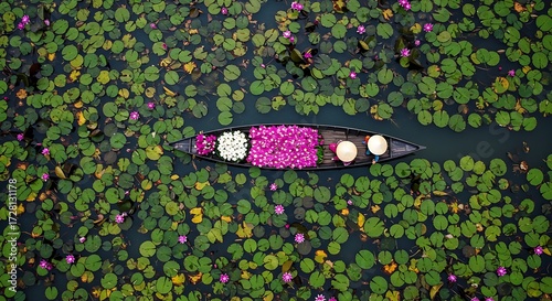 Aerial View of Vietnamese Women in Boat on Lotus Pond