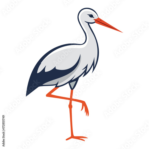 Stork illustration standing on one leg, a vector mascot for baby, delivery, nature, bird, and european themes