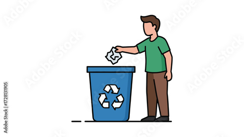 A person is shown throwing crumpled paper into a blue recycling bin with a prominent recycling symbol.