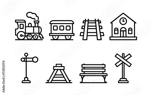 Set of black line icons illustrating railway and train station elements.