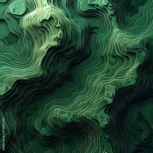 Abstract topographic map, rendered in shades of green, showing undulating contours and varying depths