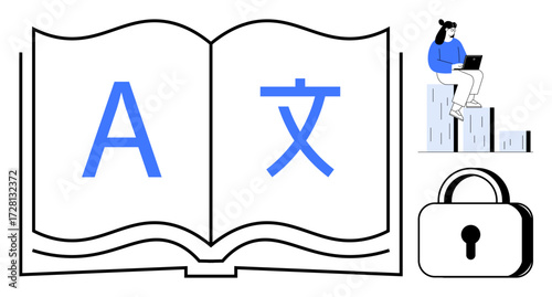 Open book with language characters, woman sitting with laptop on graph bars, and padlock icon. Ideal for language learning, security, translation, data privacy, education, global communication