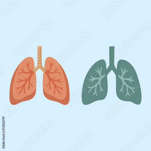 This illustration shows a comparison of healthy, pink lungs with damaged, dark lungs caused by smoking or pollution, illustrating the negative impact on respiratory health.