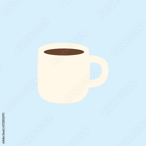 A simple coffee cup illustration with a hot chocolate drink on a light blue background, suitable for beverage, cafe, relaxation and lifestyle themes.